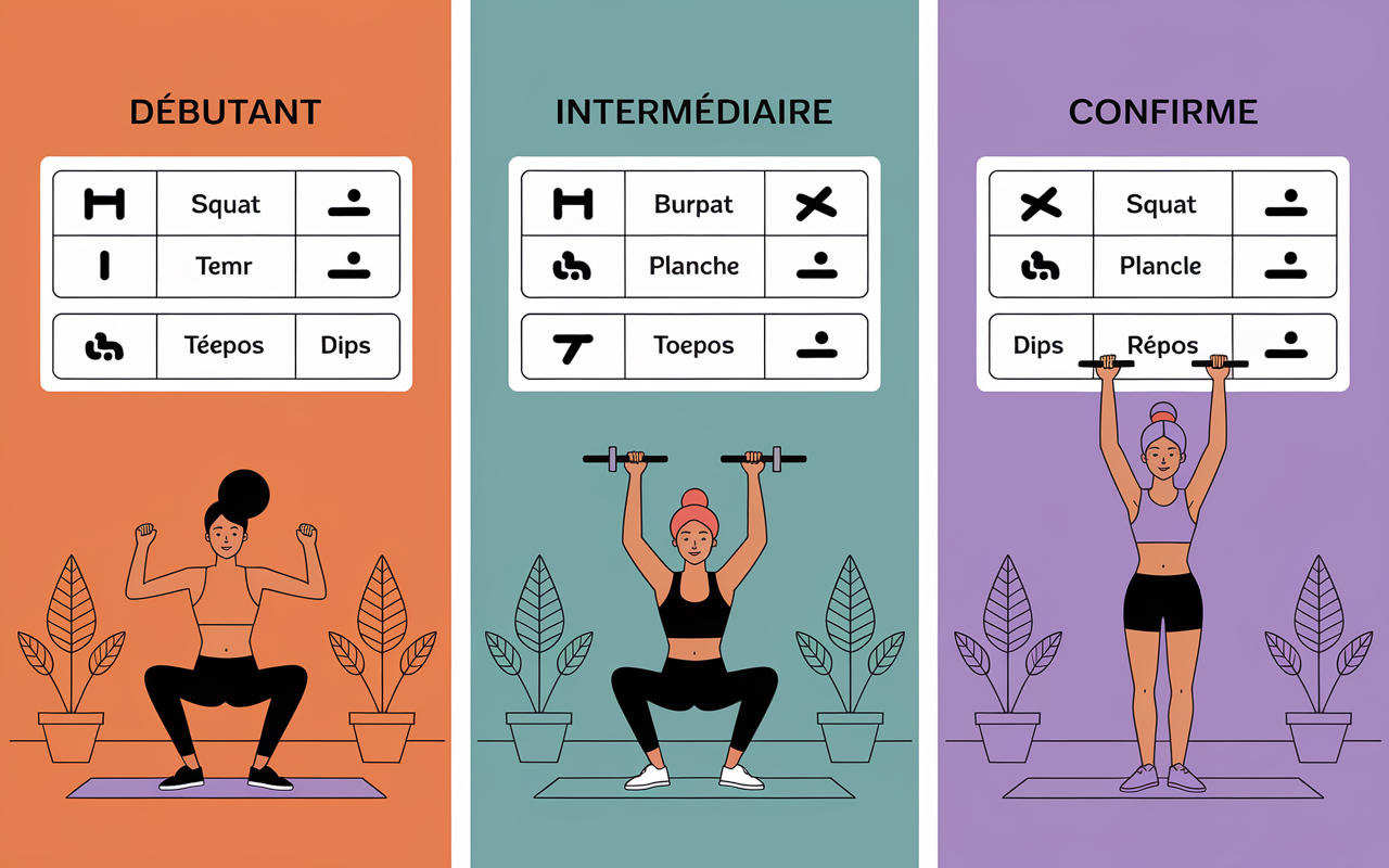 Trois niveaux de circuit training avec exercices et temps