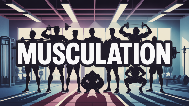 illustration salle sport musculation silhouettes haltères texte mot MUSCULATION