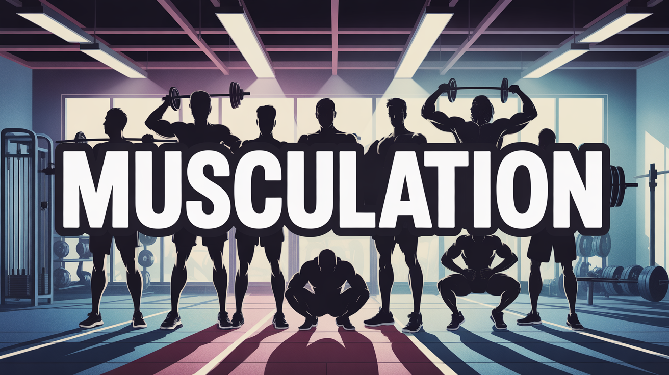 illustration salle sport musculation silhouettes haltères texte mot MUSCULATION