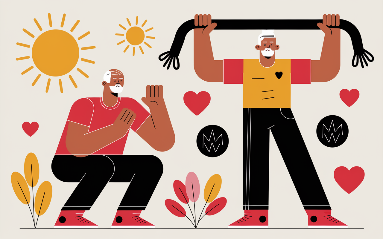 Personnes seniors exerçant squat et bande élastique musculation après 60 ans