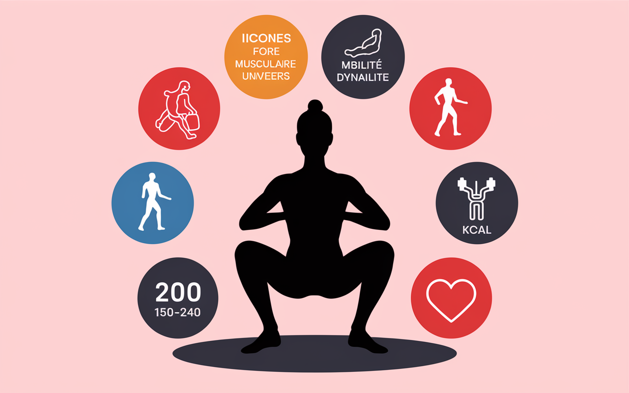 Infographie des bienfaits du squat au poids du corps et calories brûlées