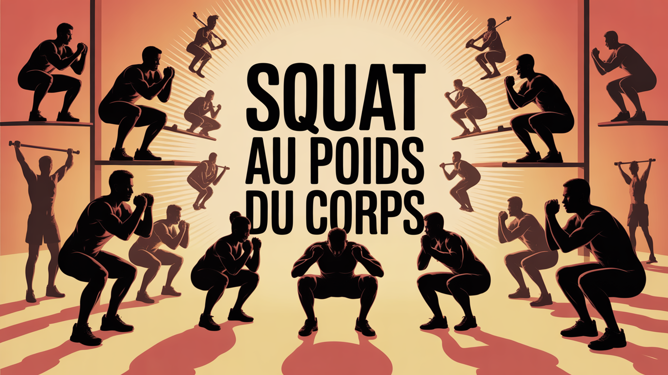 Silhouettes de tous âges réalisant un squat au poids du corps ambiance dynamique