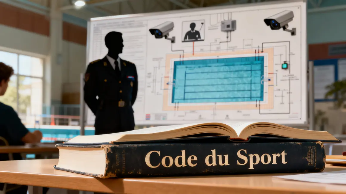 Livre Code du Sport avec plan de piscine et pictogrammes surveillance