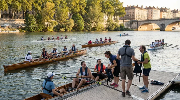 rameurs aviron sur le Rhône avec gilets de sauvetage automatiques