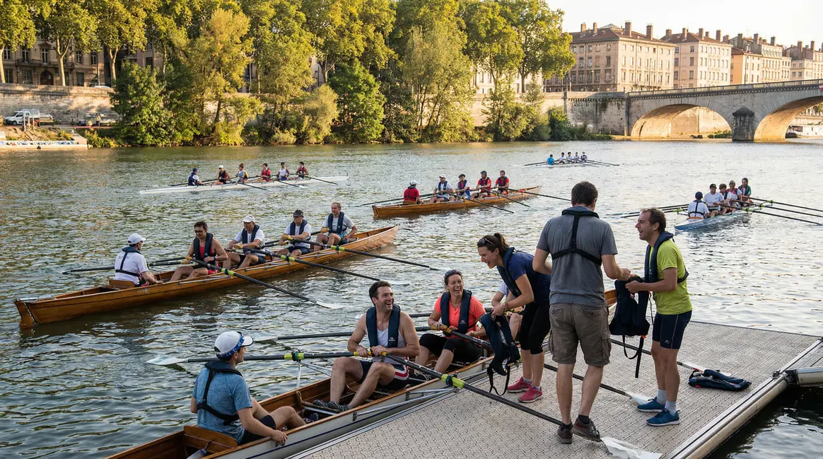 rameurs aviron sur le Rhône avec gilets de sauvetage automatiques