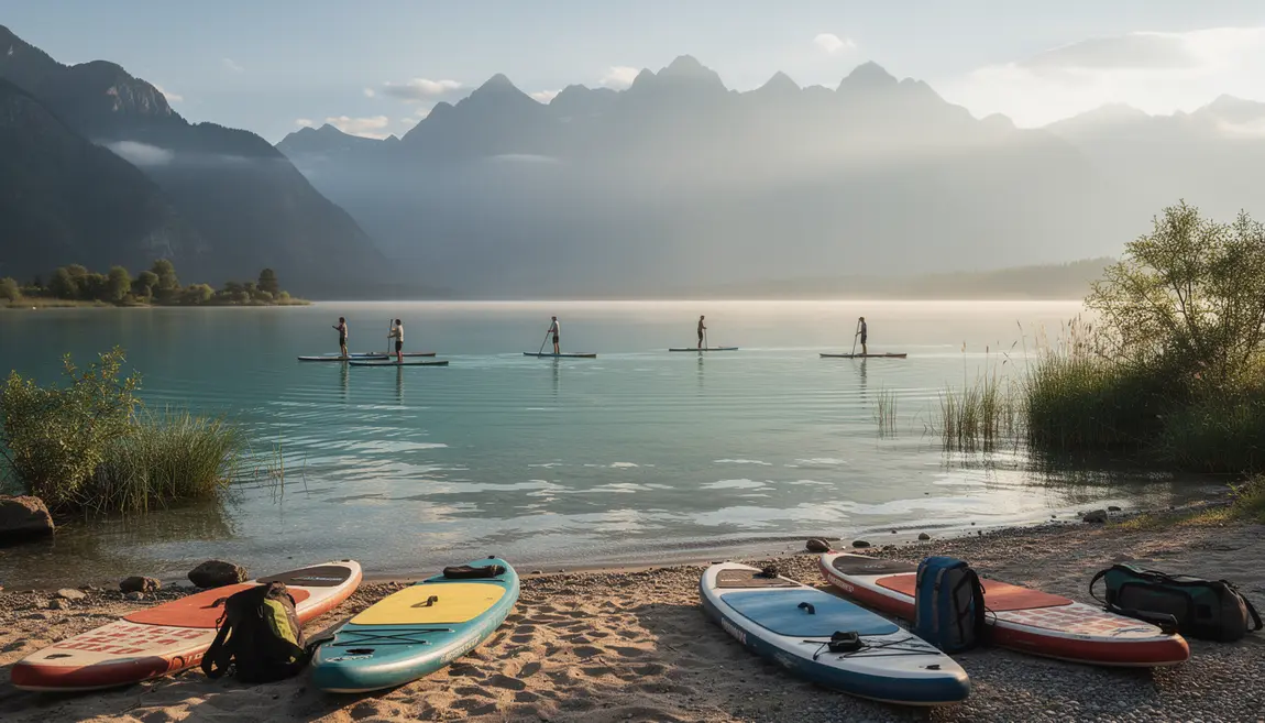 Lac d’Annecy avec paddles sur eaux turquoise paysages montagne