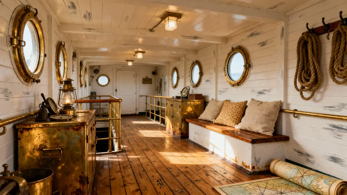 Intérieur bateau teck laiton textiles lin et chanvre déco durable