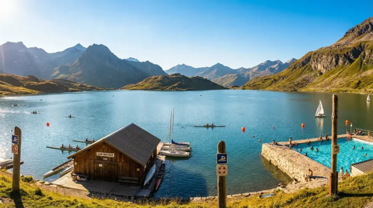 Vue lac et club nautique Rhône-Alpes avec sportifs et équipements sécurité