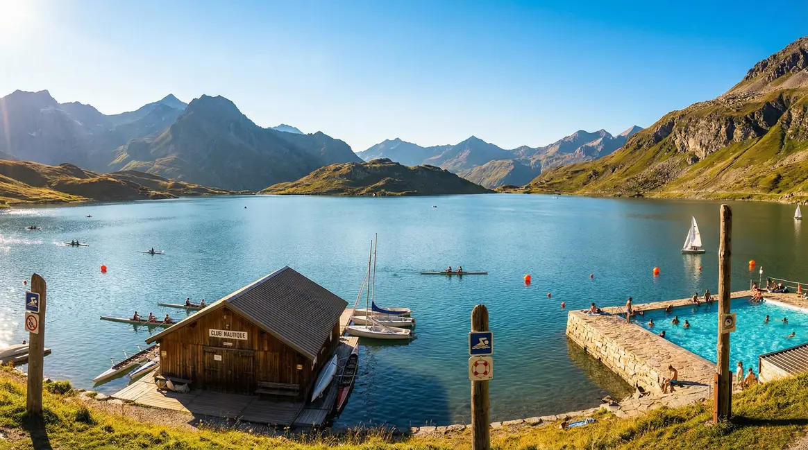 Vue lac et club nautique Rhône-Alpes avec sportifs et équipements sécurité