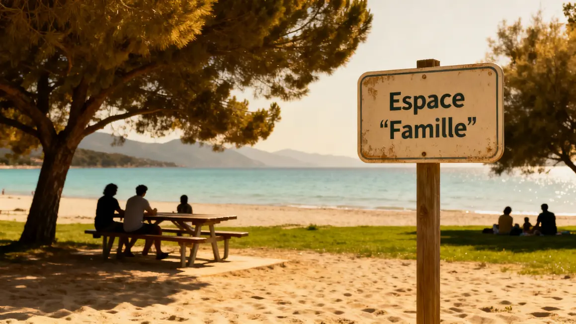 Plage familiale sable lac Annecy, tables, vue montagnes