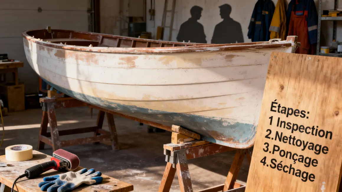 Préparation coque bateau aviron, ponçage et nettoyage en atelier