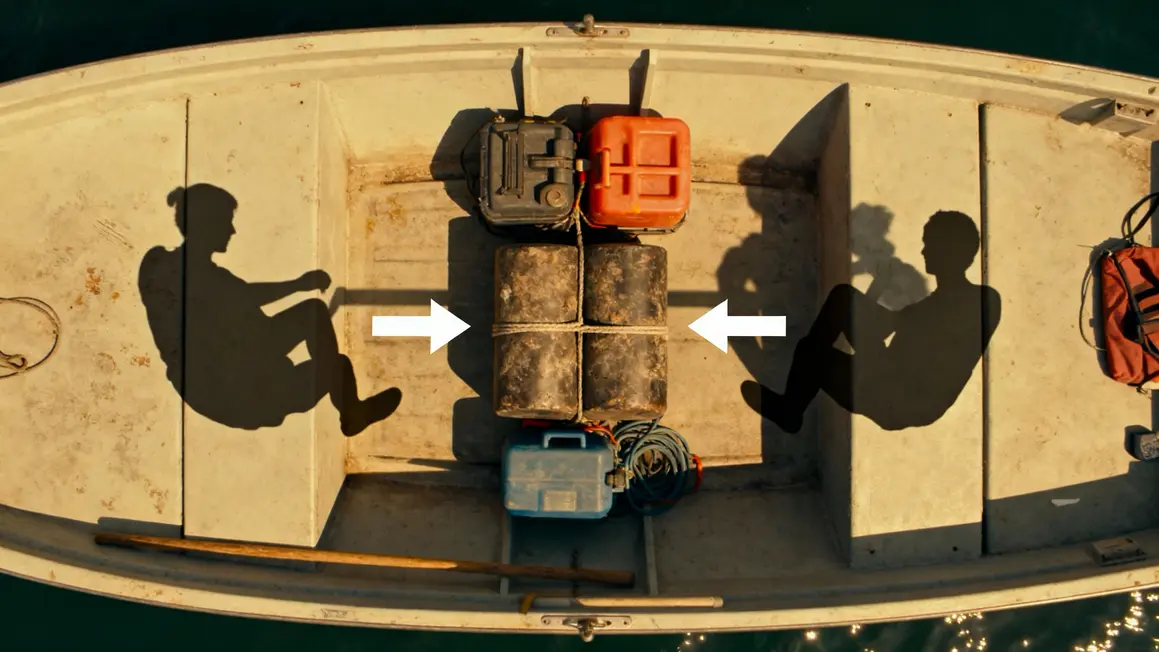 Vue dessus répartition poids bateau fond plat rameurs.