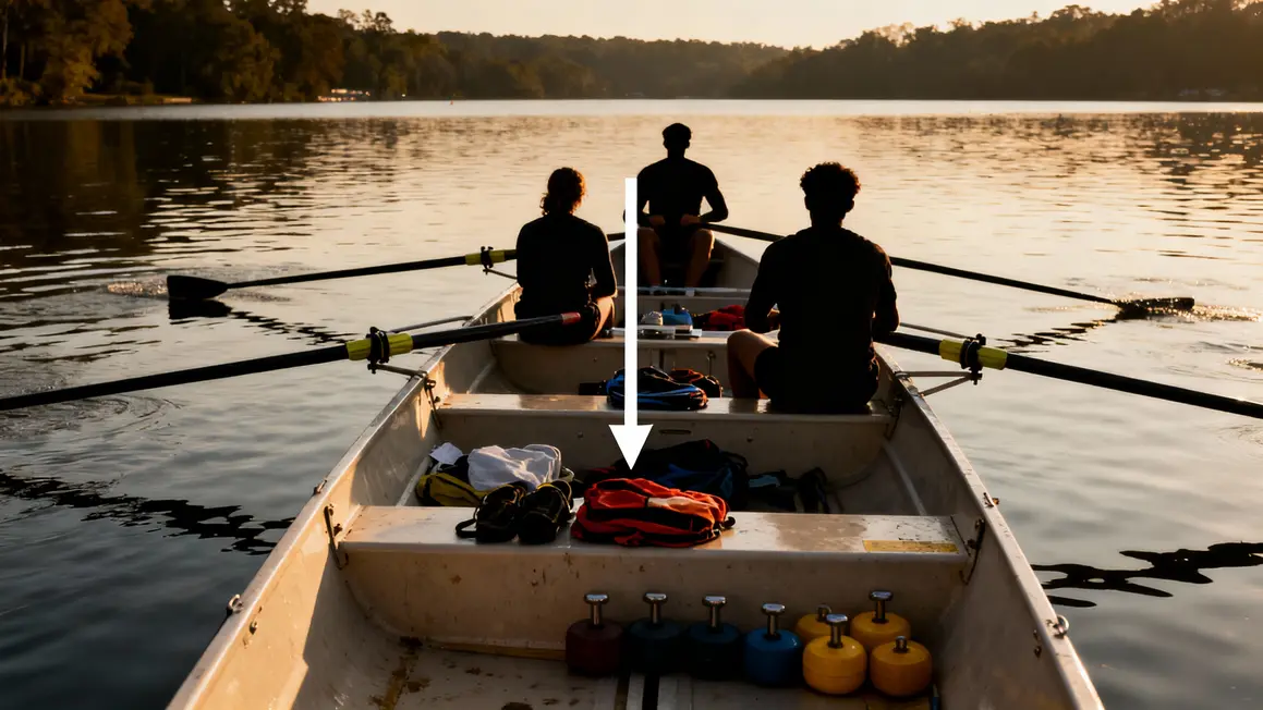 Coupe bateau à fond plat, centre de gravité, rameurs assis.