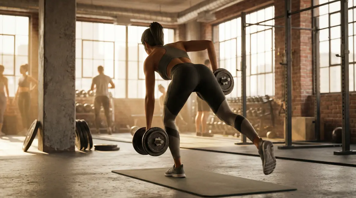 Personne effectue soulevé de terre jambes tendues avec haltères en salle de sport lumineuse