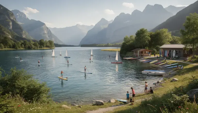 Panorama lac Rhône-Alpes, paddle, kayak, voile, ambiance été
