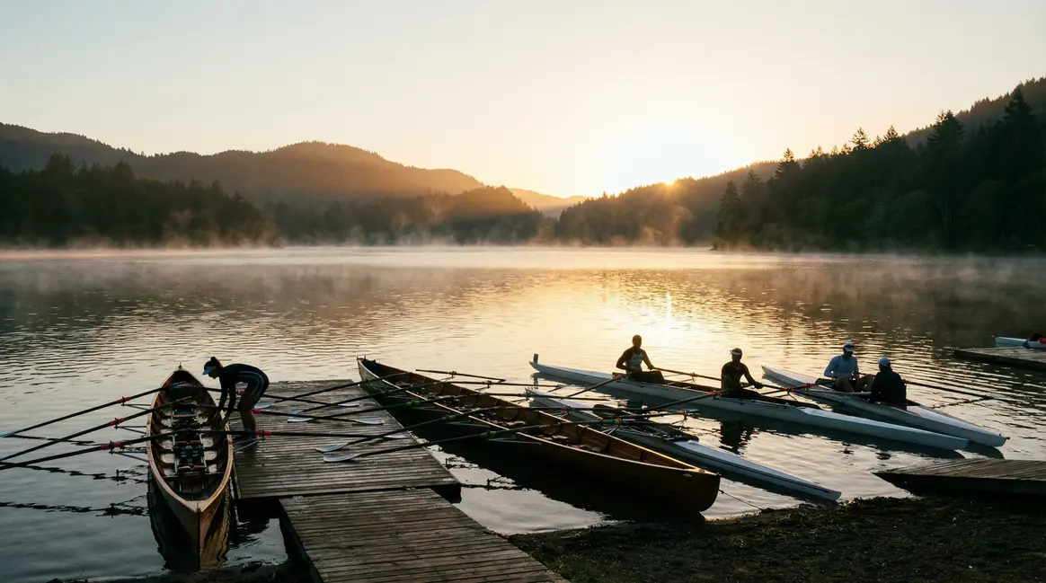 Bateaux aviron alignés lac Rhône-Alpes lever de soleil
