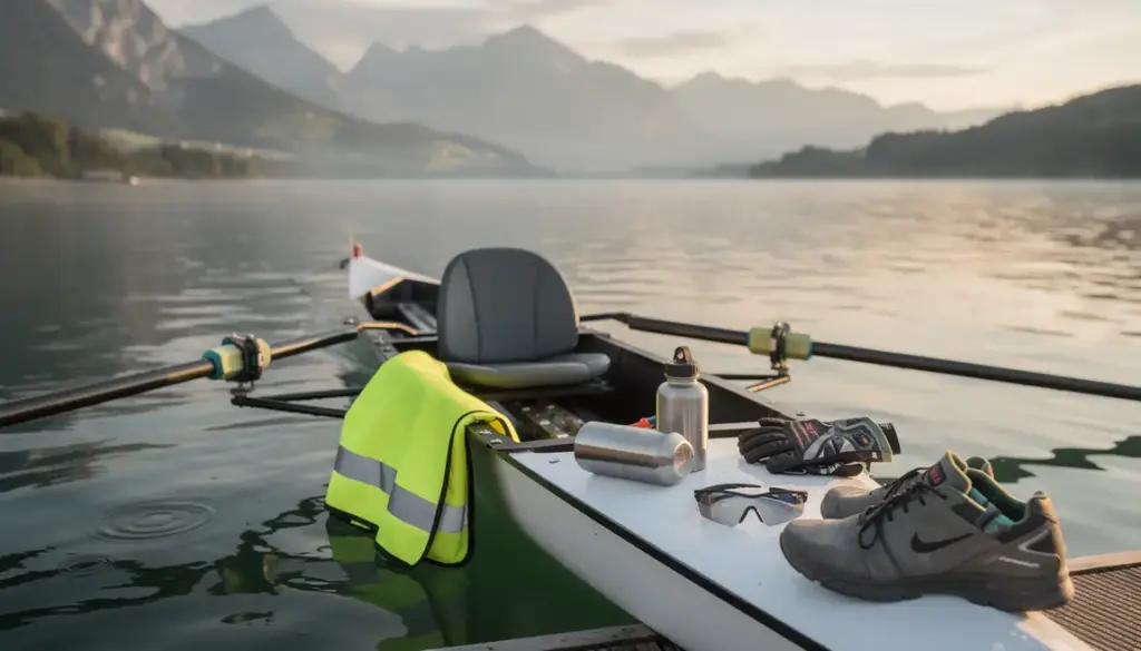 Rameur sur rivière Rhône-Alpes avec accessoires aviron