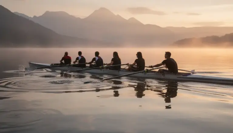 groupe rameurs aviron rhone alpes lever soleil montagne