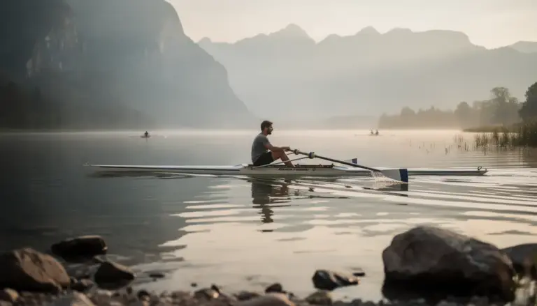 Rameur sur lac entouré de montagnes au lever du jour