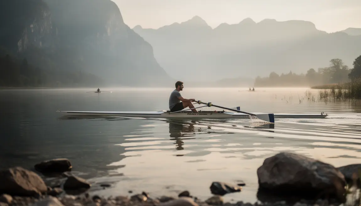 Rameur sur lac entouré de montagnes au lever du jour