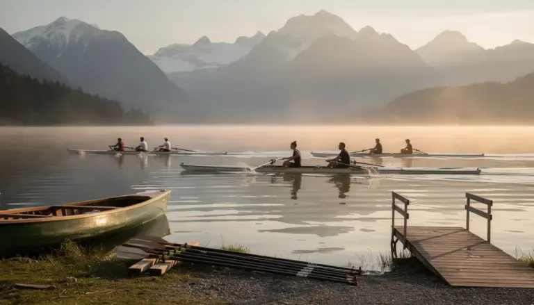 Aviron Rhône-Alpes rameurs skiff équipage lac montagne