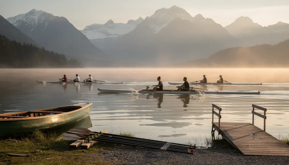 Aviron Rhône-Alpes rameurs skiff équipage lac montagne