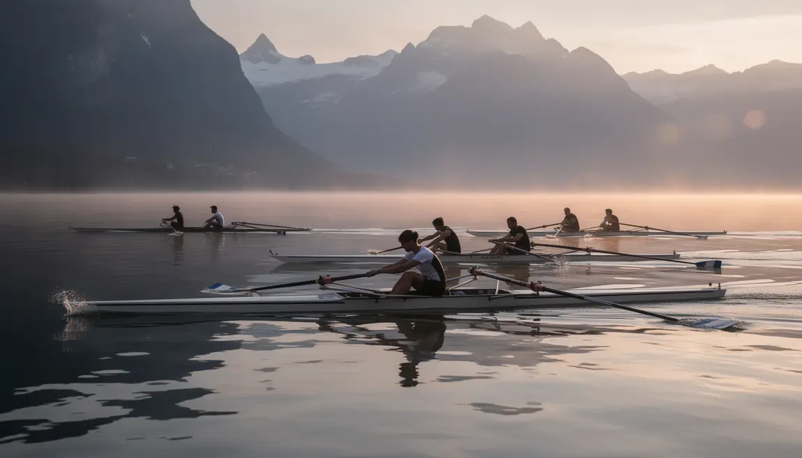 Rameurs sur lac Rhône-Alpes à l'aube aviron montagnes