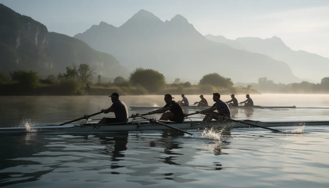 Rameurs aviron Rhône-Alpes synchronisation sur plan d'eau