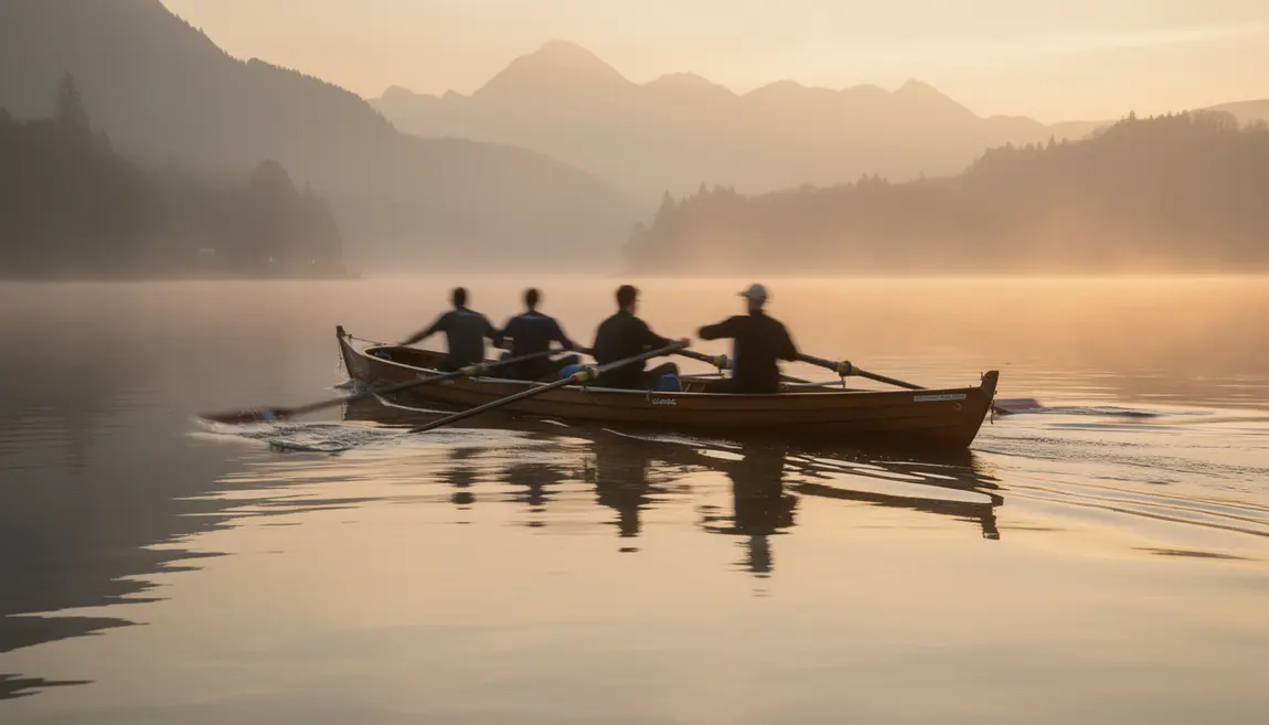Bateau aviron sur lac au lever du soleil en Rhône-Alpes