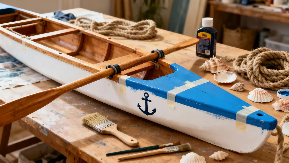 Rame aviron bois décoration DIY peinture bleu blanc cordage