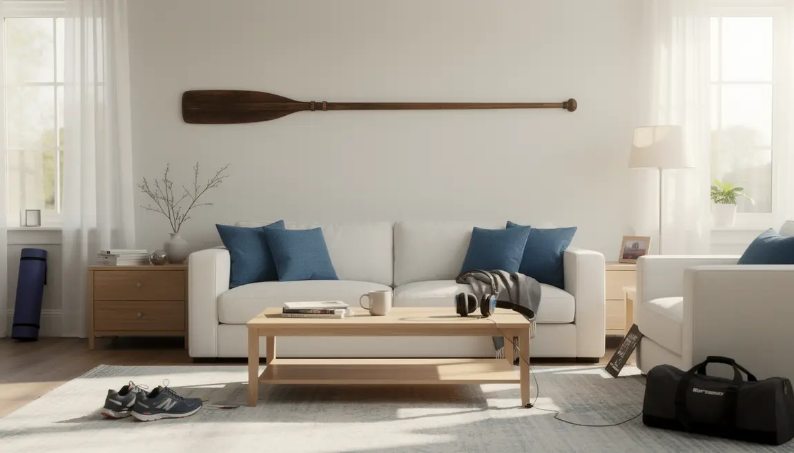 Rame d'aviron bois massif accrochée mur salon déco nautique moderne
