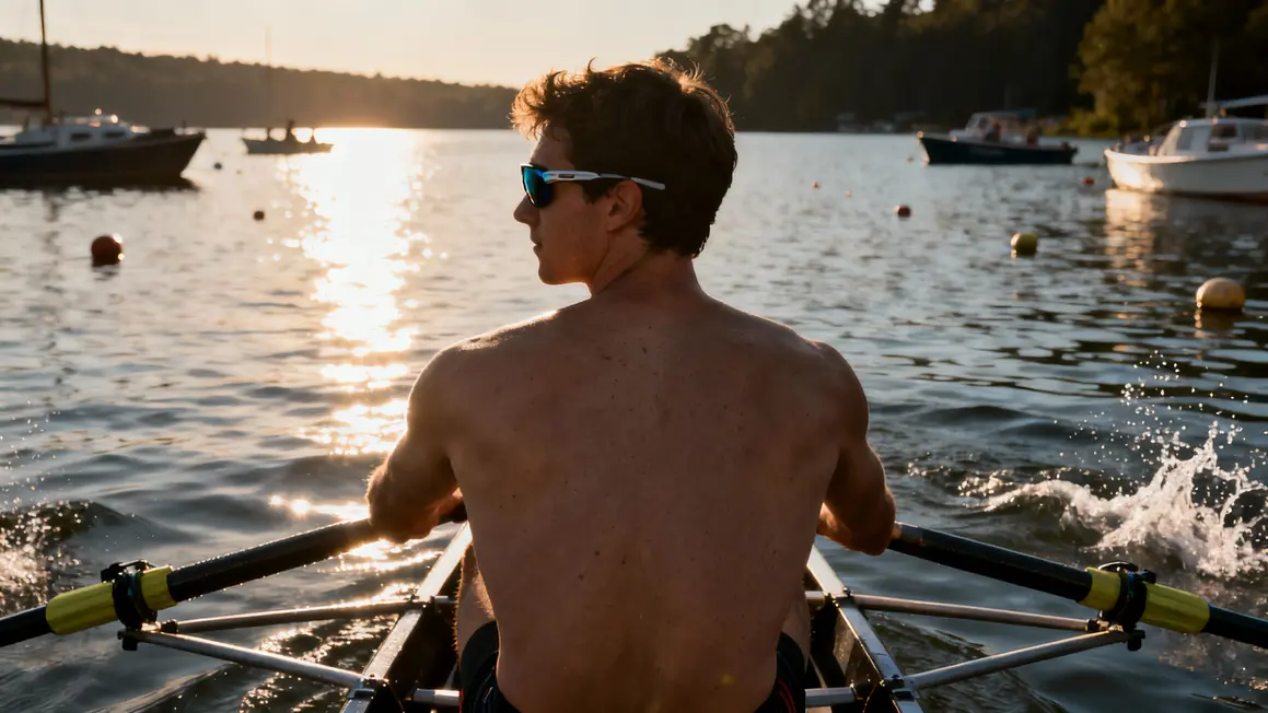 rameur lac lunettes aquatiques reflets soleil