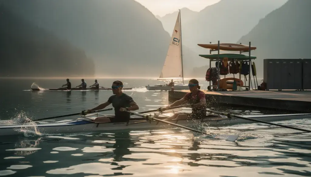 sportifs aviron voile lac avec lunettes aquatiques