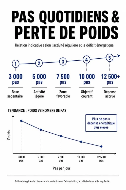 Infographie sur l'impact du nombre de pas quotidiens pour savoir si marcher fait maigrir
