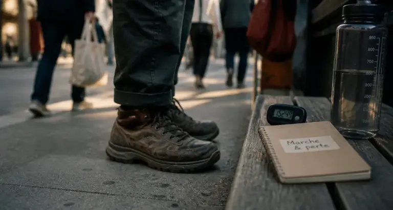 Marcher fait il maigrir : chaussures de marche et podomètre sur trottoir