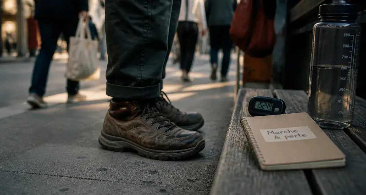 Marcher fait il maigrir : chaussures de marche et podomètre sur trottoir