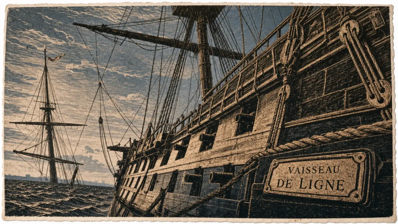 Ancien navire de guerre à voile, vaisseau de ligne, sabords et voiles