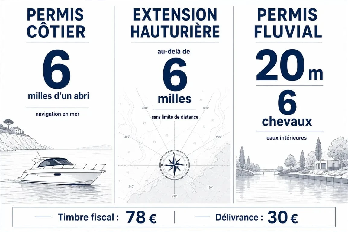 Les différents permis bateau comparés en France dans une illustration éditoriale claire