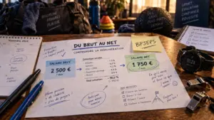BPJEPS salaire net : 1 330 € net au départ, calcul brut vers net sur tableau.