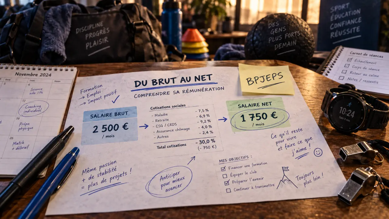 BPJEPS salaire net : 1 330 € net au départ, calcul brut vers net sur tableau.
