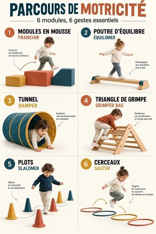 Infographie des modules d’un parcours de motricité pour enfants et des mouvements travaillés