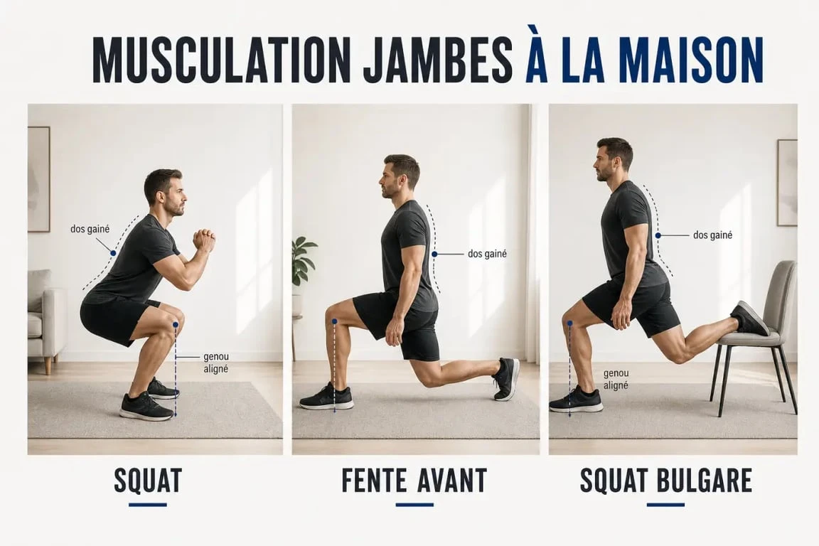 Musculation jambes maison : illustration des exercices squat, fente et squat bulgare à domicile