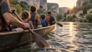 Où faire du canoe en France : canoë sur rivière entre falaises calcaires