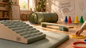 Parcours motricité en intérieur : tapis, planche d’équilibre et tunnel