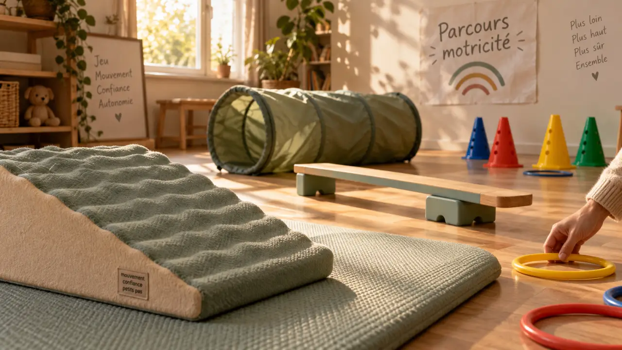 Parcours motricité en intérieur : tapis, planche d’équilibre et tunnel