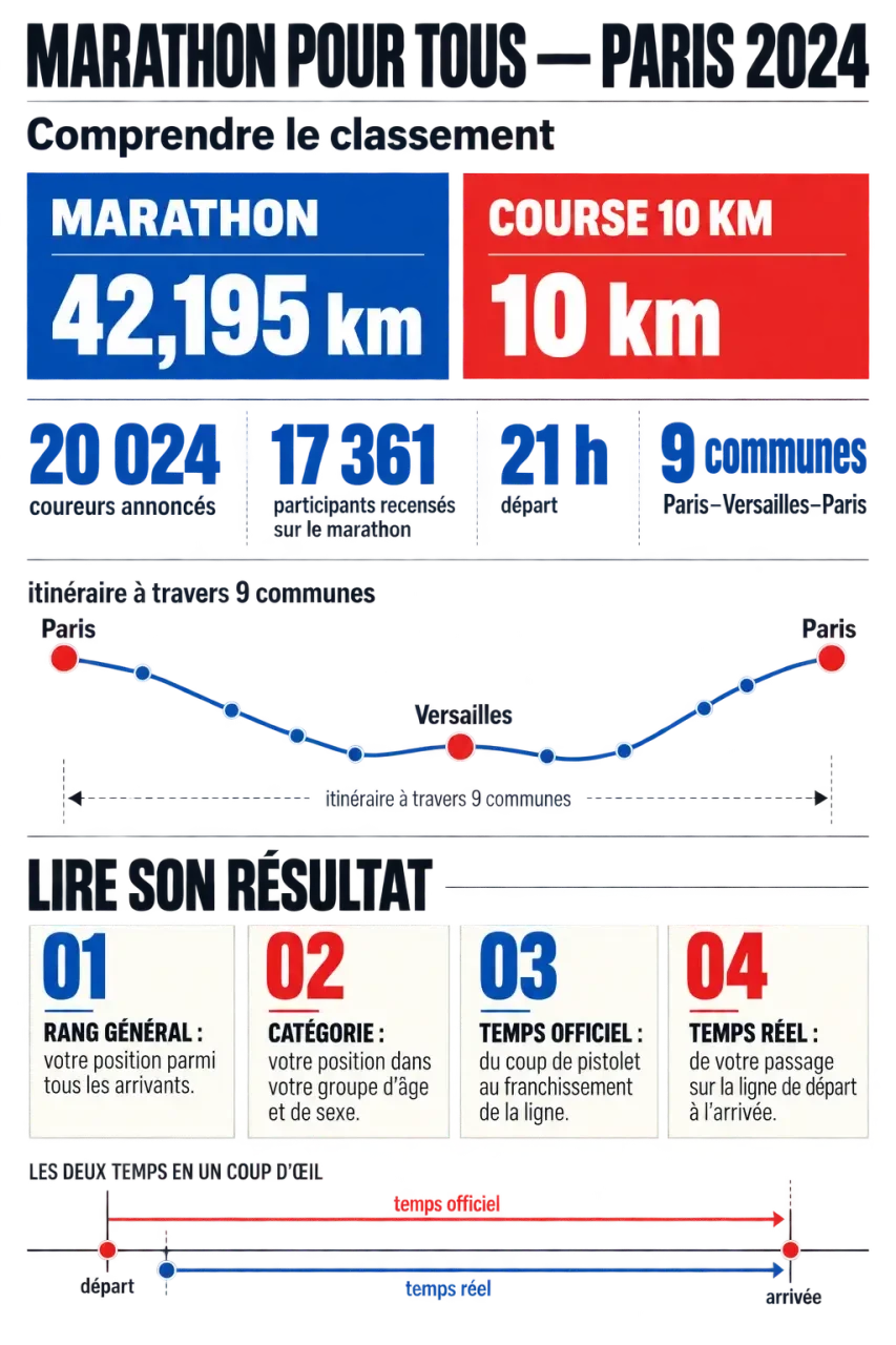Infographie du classement marathon pour tous Paris 2024 avec distances, chiffres clés et types de classements