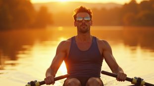 équipement aviron : rameur avec équipement d'aviron moderne sur l'eau