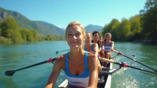 aviron Rhône-Alpes : paysage de rivière avec rameurs pratiquant l'aviron en Rhône-Alpes