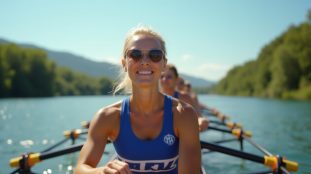 aviron : personne pagayant sur un lac en club d’aviron