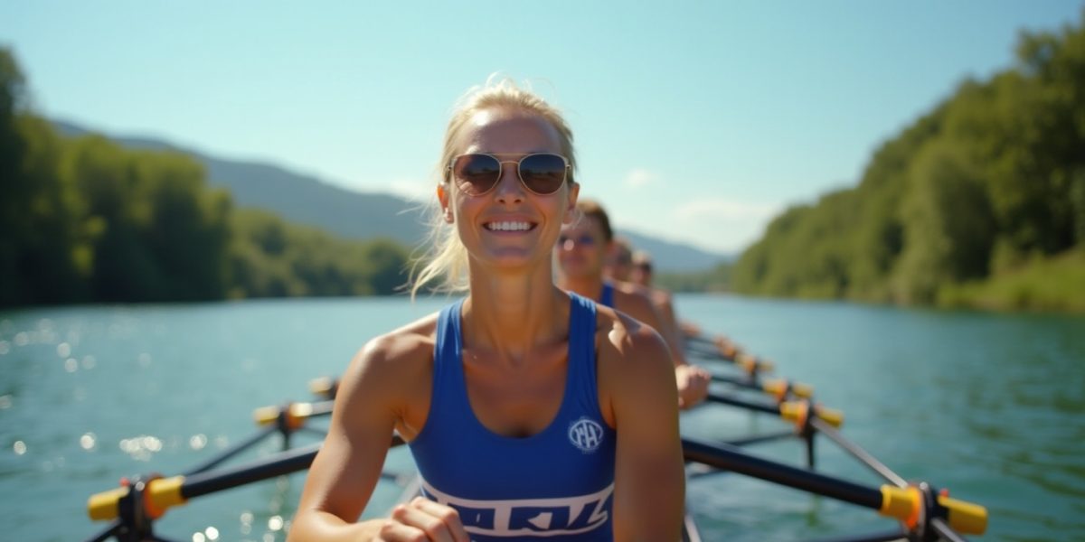 aviron : personne pagayant sur un lac en club d’aviron